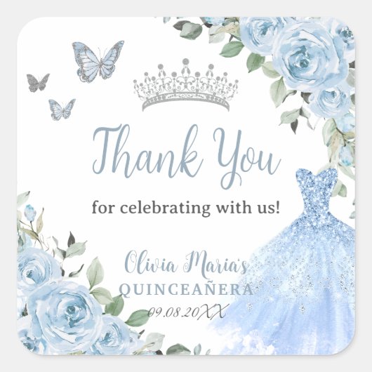 Baby Blue Floral Princess Dress Silver Quinceañera Vierkante Sticker (Voorkant)