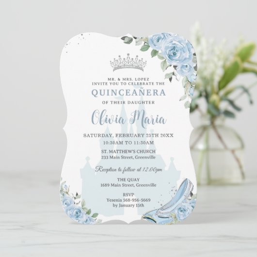 Baby Blue Floral Princess Glass Shoe Quinceañera Kaart (Staand voorkant)