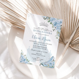 Baby Blue Floral Princess Glass Shoe Quinceañera Kaart