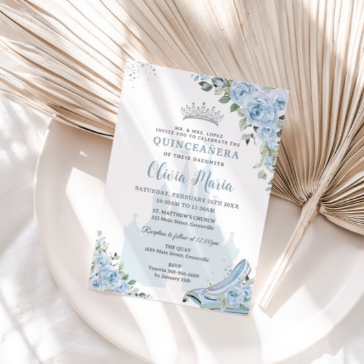 Baby Blue Floral Princess Glass Shoe Quinceañera Kaart