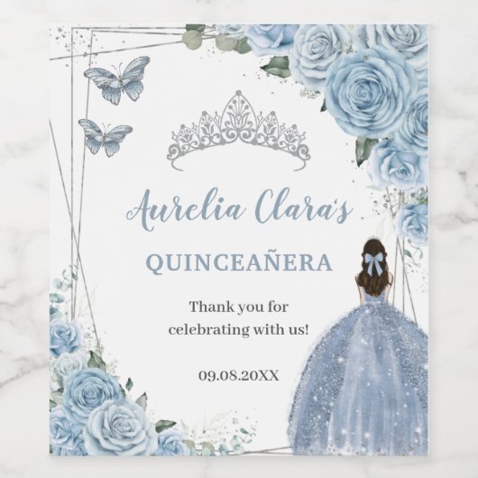 Baby Blue Floral Princess Quinceañera Birthday Wijn Etiket (Enkel label)