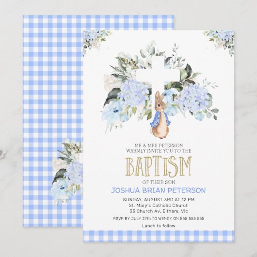 Baby Blue Floral Pset Peter Rabbit Baptisme Kaart (Voorkant / Achterkant)