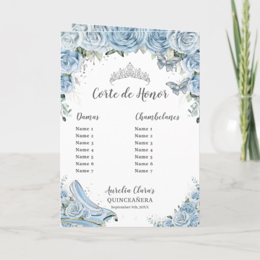 Baby Blue Floral Quinceañera Padrinos Court Honor Programma (Achterkant)