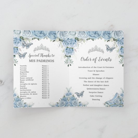 Baby Blue Floral Quinceañera Padrinos Court Honor Programma (Binnen)