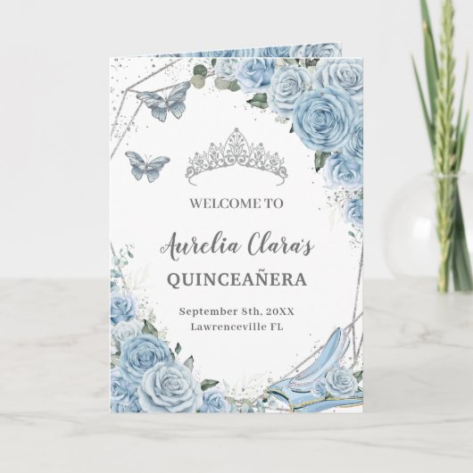 Baby Blue Floral Quinceañera Padrinos Court Honor Programma (Voorkant)