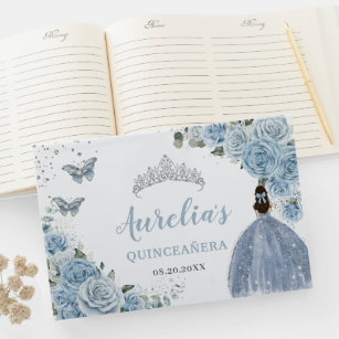 Baby Blue Floral Rozen Princess Silver Quinceañera Gastenboek
