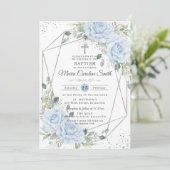 Baby Blue Floral Silver Baptism Christening  Kaart (Staand voorkant)