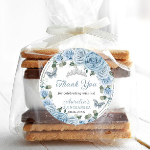 Baby Blue Floral Silver Butterflies Princess Favor Ronde Sticker