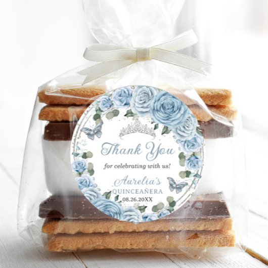 Baby Blue Floral Silver Butterflies Princess Favor Ronde Sticker