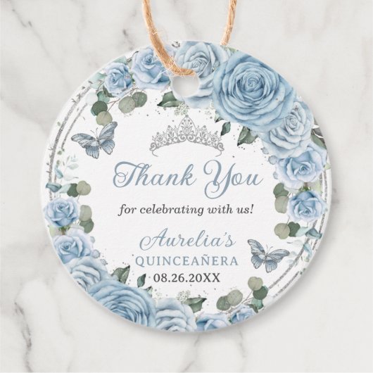 Baby Blue Floral Silver Butterflies Princess Tiara Bedankjes Labels (Voorkant)