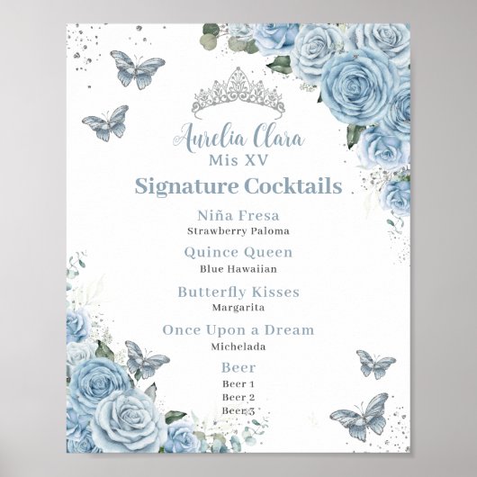 Baby Blue Floral Silver Quinceanera Bar Drink Menu Poster (Voorkant)