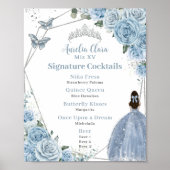 Baby Blue Floral Silver Quinceañera Drink Menu Poster (Voorkant)