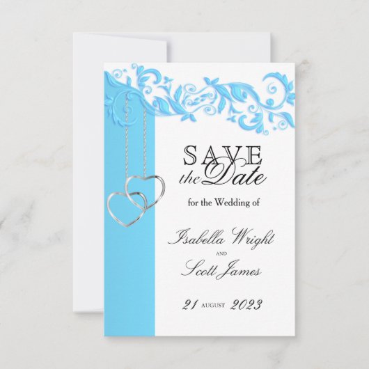 Baby Blue Floral Swirl en White - sla de datum op Save The Date (Voorkant)