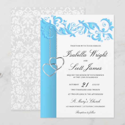 Baby Blue Floral Swirl en White Wedding Kaart (Voorkant / Achterkant)