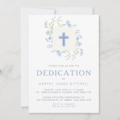 Baby Blue Floral Wreath & Cross Baby Dedication Kaart (Voorkant)