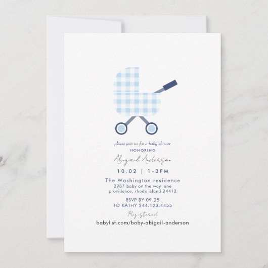 Baby Blue Gingham-Baby shower Kaart (Voorkant)