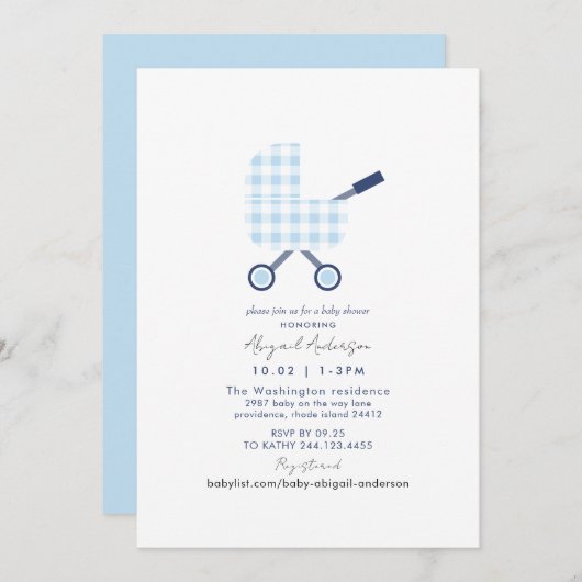 Baby Blue Gingham-Baby shower Kaart (Voorkant / Achterkant)