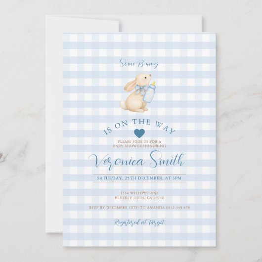 Baby Blue Gingham Bunny Baby Shower Invitation Kaart (Voorkant)