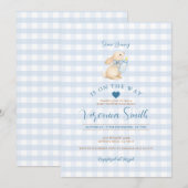 Baby Blue Gingham Bunny Baby Shower Invitation Kaart (Voorkant / Achterkant)