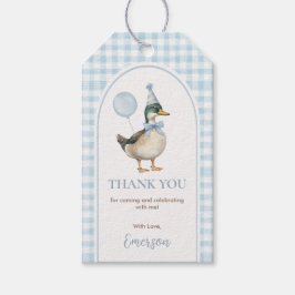 Baby Blue Gingham Eén Gelukkig Eend Ballon Verjaar Cadeaulabel