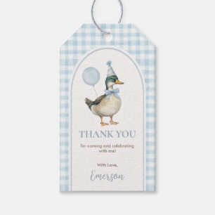 Baby Blue Gingham Eén Gelukkig Eend Ballon Verjaar Cadeaulabel