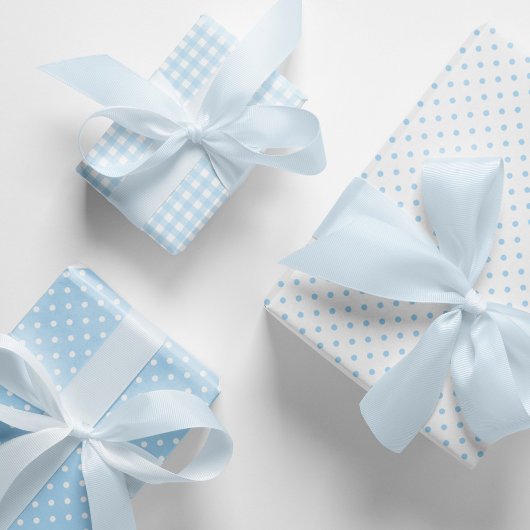 Baby Blue Gingham en Polka Dots gemengd patroon. Inpakpapier Vel