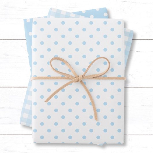 Baby Blue Gingham en Polka Dots gemengd patroon. Inpakpapier Vel