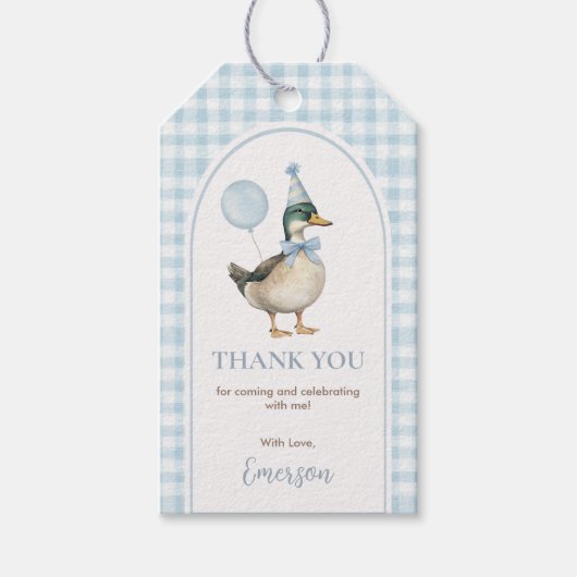 Baby Blue Gingham One Lucky Duck Ballon Verjaardag Cadeaulabel (Voorkant)
