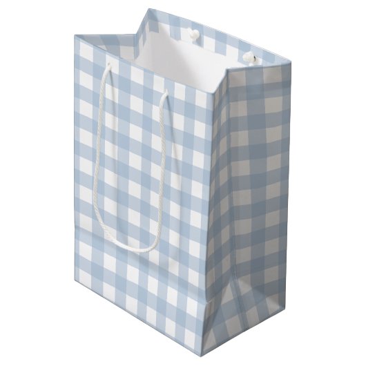 Baby Blue Gingham Patroon Medium Cadeauzakje (Voorkant Gekanteld)