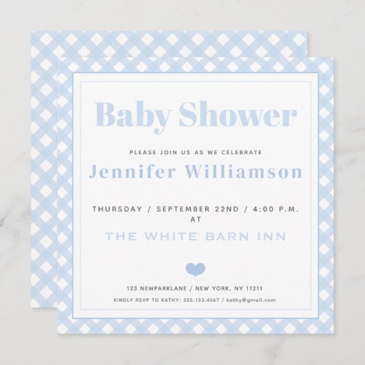 Baby Blue Gingham Pattern Baby shower Invitation Kaart (Voorkant / Achterkant)