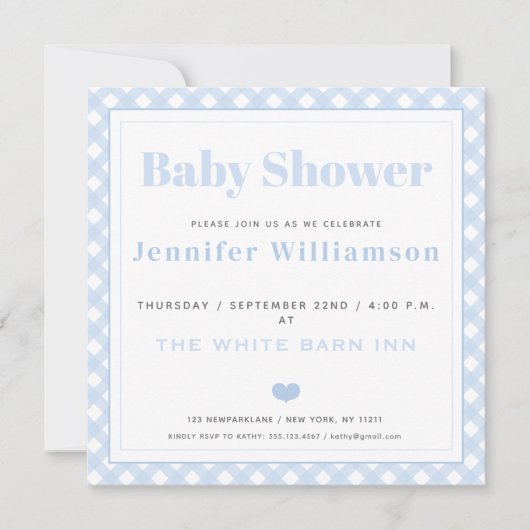 Baby Blue Gingham Pattern Baby shower Invitation Kaart (Voorkant)