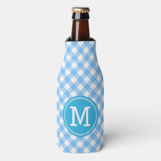Baby Blue Gingham Personaliseer Monogram Flesjeskoeler (Fles Voorkant)