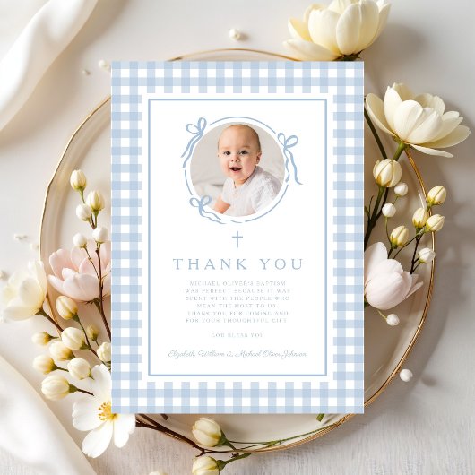 Baby Blue Gingham Photo Boy Baptism Bedankkaart