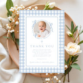 Baby Blue Gingham Photo Boy Baptism Bedankkaart