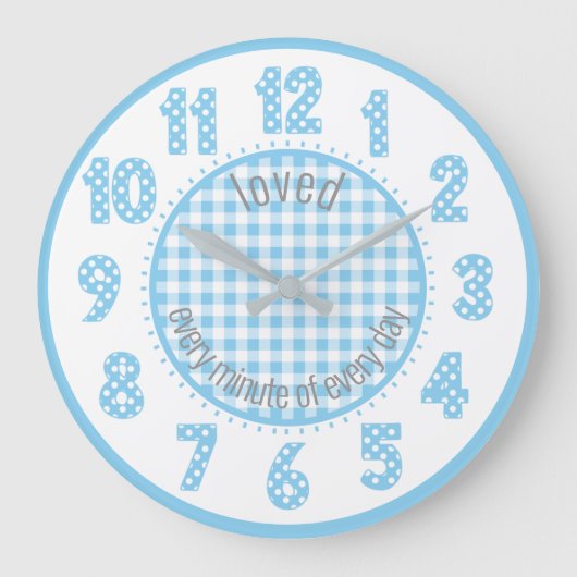 Baby Blue Gingham Polka Dot Numbers Neursery Clock Grote Klok (Voorkant)