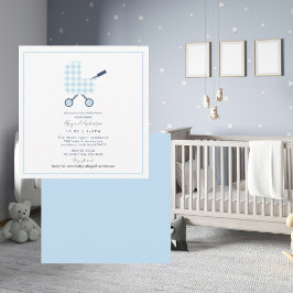 Baby Blue Gingham Pram Baby shower Square Kaart