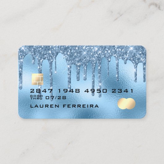 Baby Blue Glitter Drippings Girly Faux Debit Card Visitekaartje