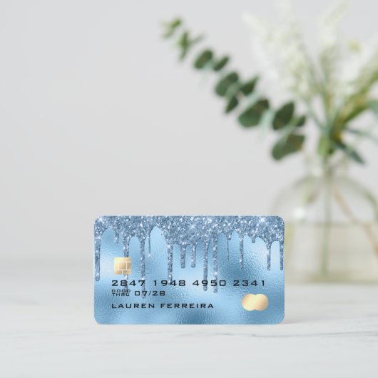 Baby Blue Glitter Drippings Girly Faux Debit Card Visitekaartje (Staand voorkant)