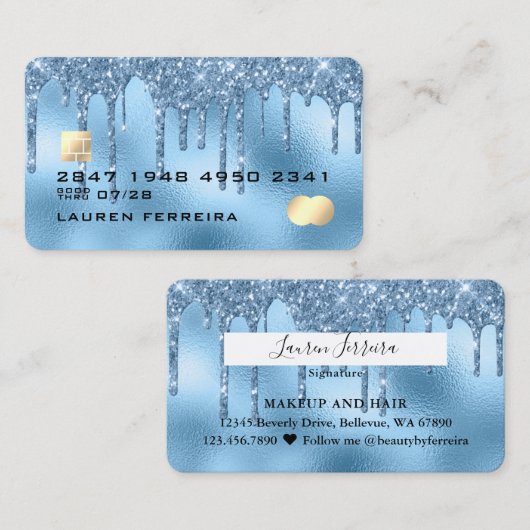 Baby Blue Glitter Drippings Girly Faux Debit Card Visitekaartje (Voorkant / Achterkant)