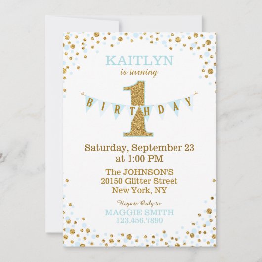 Baby Blue Glitter Sparkle First Birthday Kaart (Voorkant)