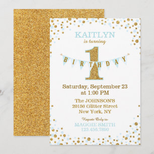 Baby Blue Glitter Sparkle First Birthday Kaart