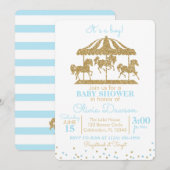 Baby Blue & Gold Carousel Boy Baby shower Kaart (Voorkant / Achterkant)