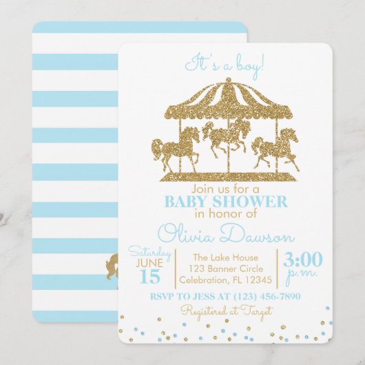 Baby Blue & Gold Carousel Boy Baby shower Kaart (Voorkant / Achterkant)