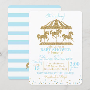 Baby Blue & Gold Carousel Boy Baby shower Kaart