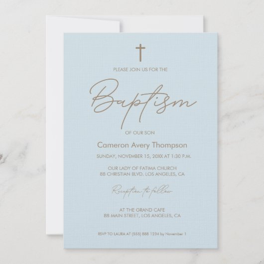 Baby Blue Gold Cross moderne typografie script Kaart (Voorkant)