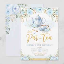 Baby Blue Gold Floral Girls Dag Tea Party Kaart
