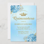 Baby Blue Gold Floral Tiara Quinceanera Kaart (Voorkant)