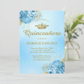 Baby Blue Gold Floral Tiara Quinceanera Kaart (Staand voorkant)