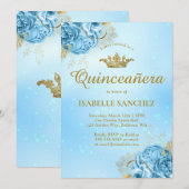 Baby Blue Gold Floral Tiara Quinceanera Kaart (Voorkant / Achterkant)