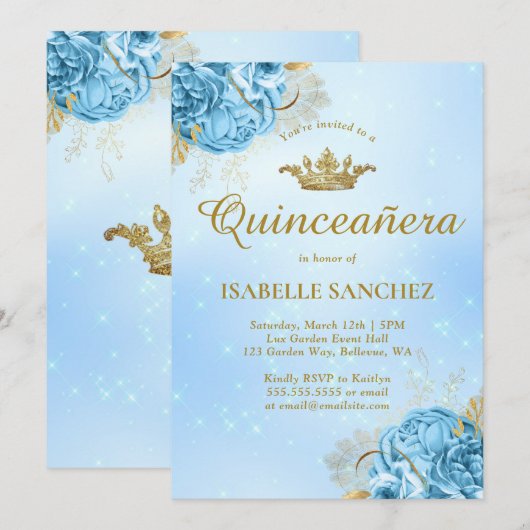 Baby Blue Gold Floral Tiara Quinceanera Kaart (Voorkant / Achterkant)